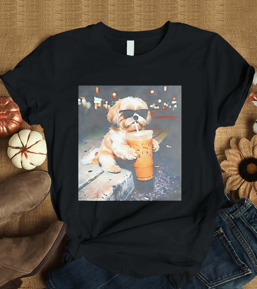 Shih Tzu Enjoying Iced Coffee At Night With Sunglasses T-Shirt