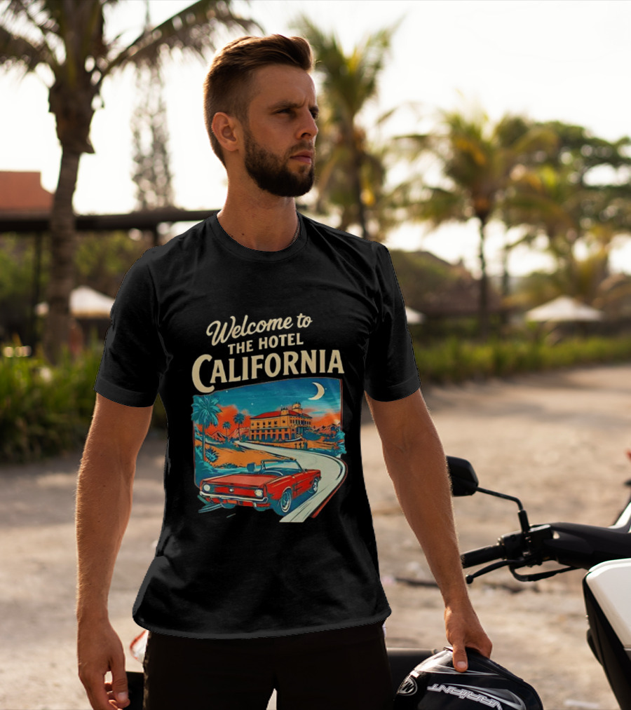 Welcome To The Hotel California Red Convertible Vintage Palm Trees Moonlit Scene T-Shirt