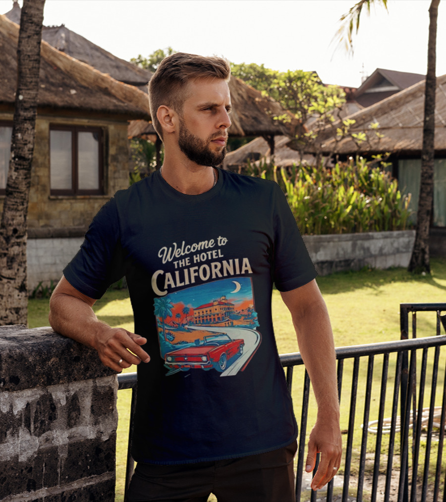 Welcome To The Hotel California Red Convertible Vintage Palm Trees Moonlit Scene T-Shirt