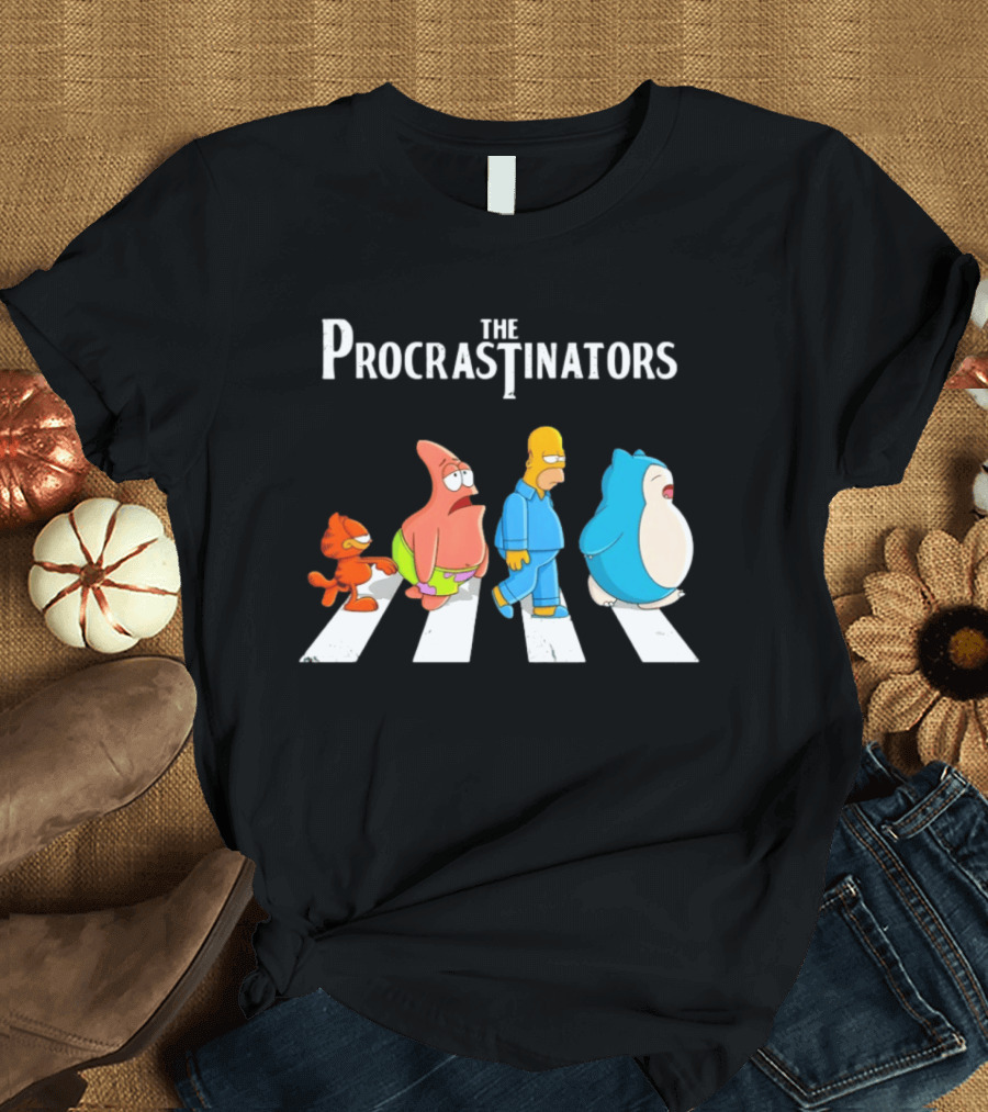 The Procrastinators Cartoon Abbey Road Parody With Iconic Characters Crossing T-Shirt