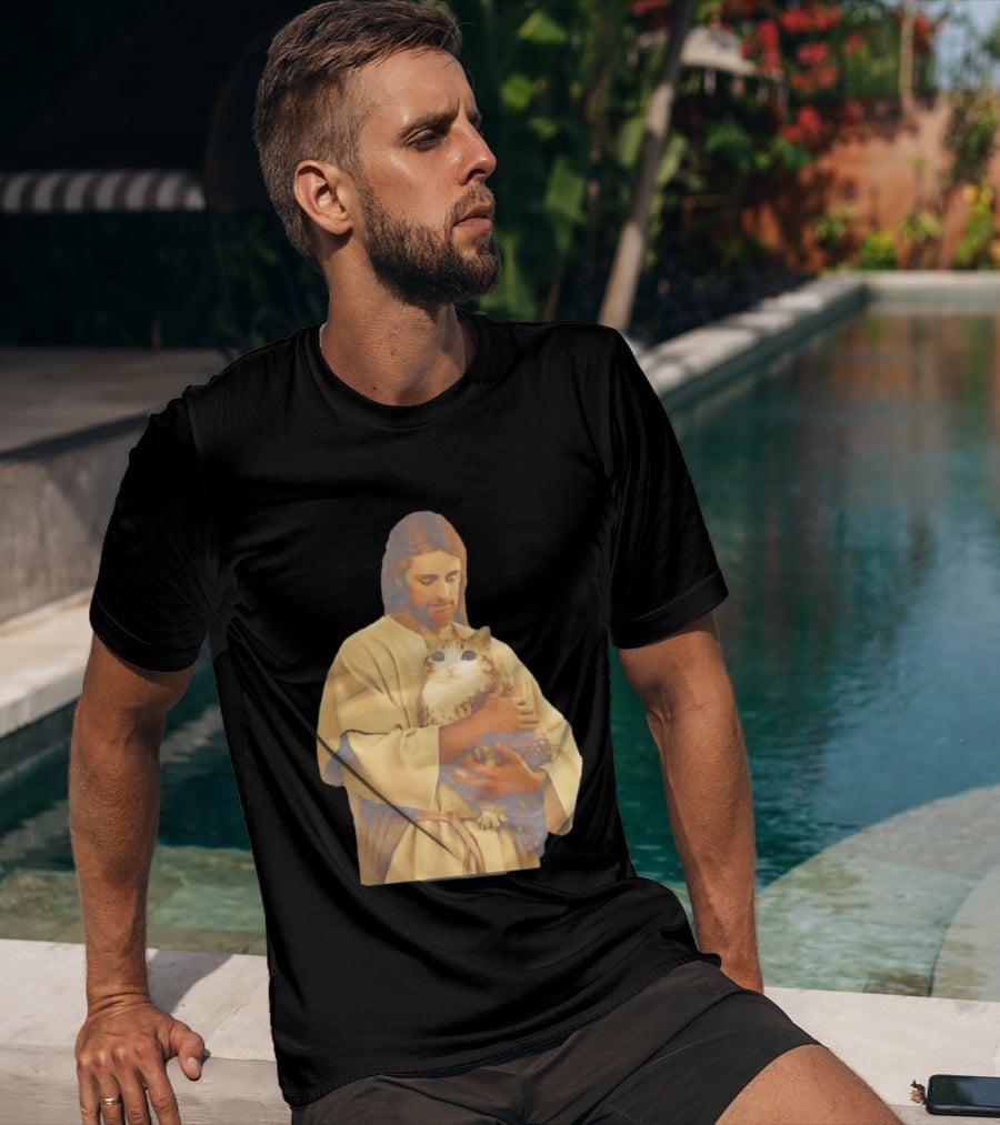 Jesus Embracing Chubby Cat T-Shirt