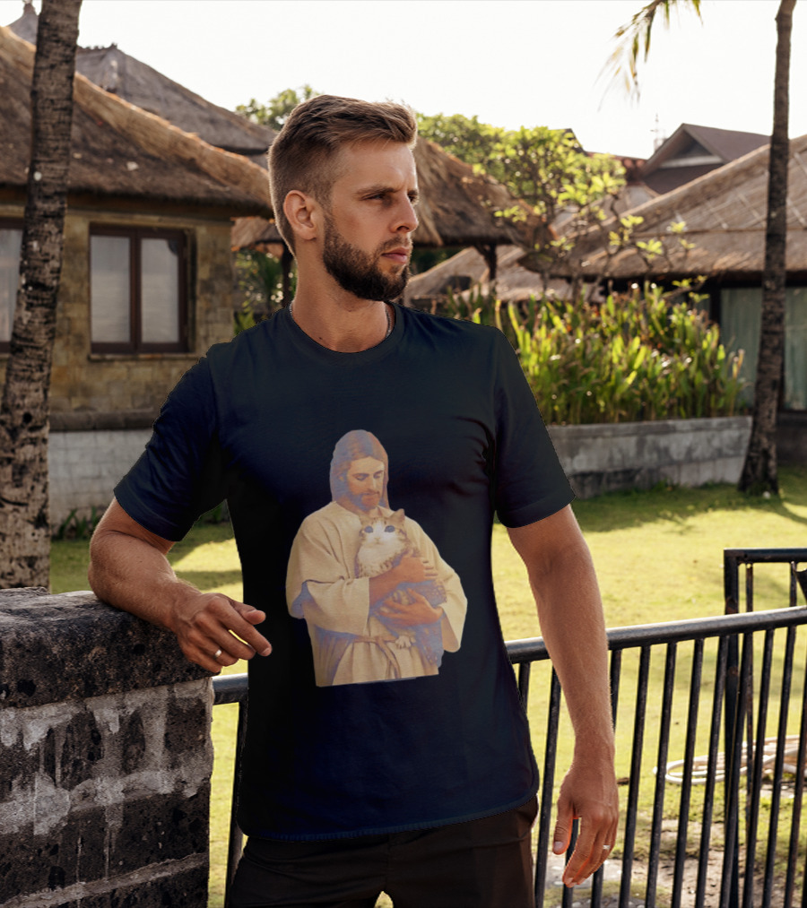 Jesus Embracing Chubby Cat T-Shirt