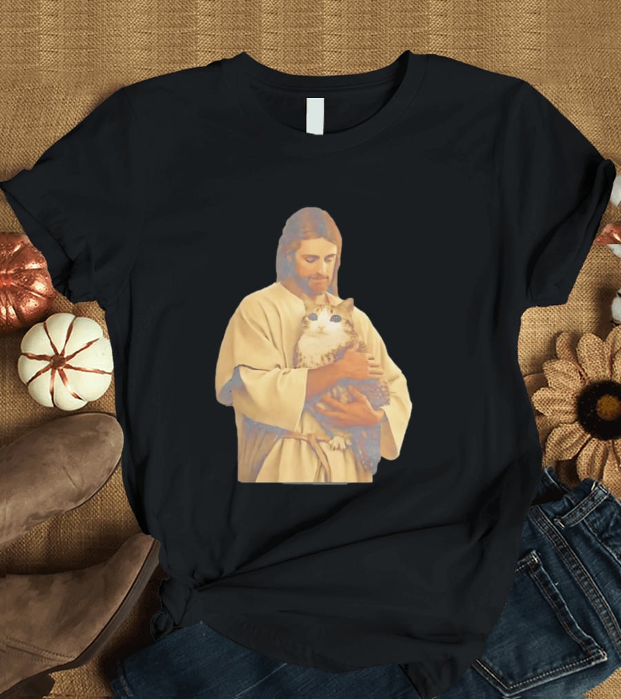 Jesus Embracing Chubby Cat T-Shirt