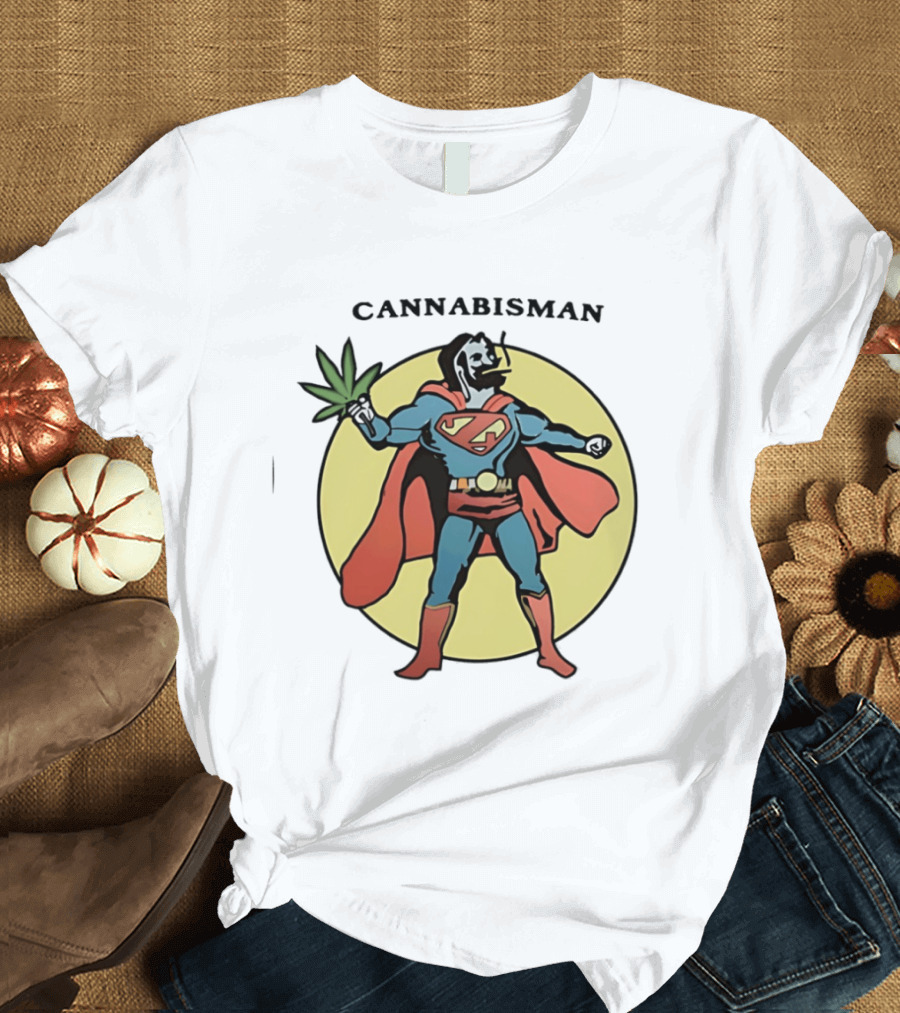 Cannabisman Superman Smoking Cannabis Holding Leaf T-Shirt