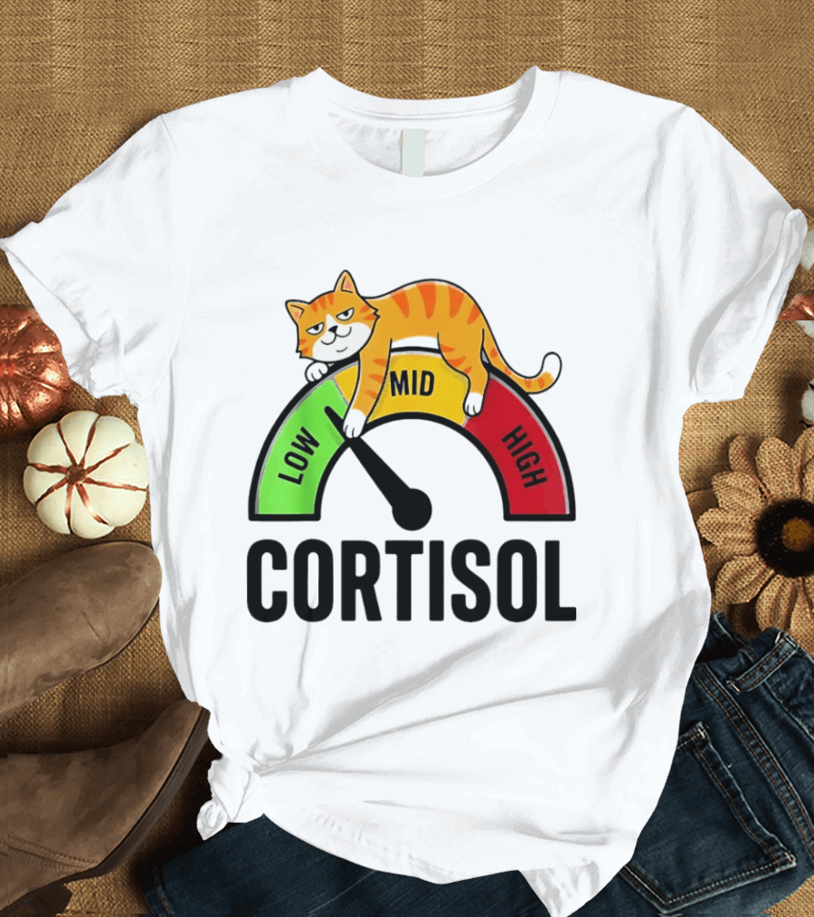 Cat Low Mid High Cortisol Level Meter With Relaxed Orange Cat T-Shirt