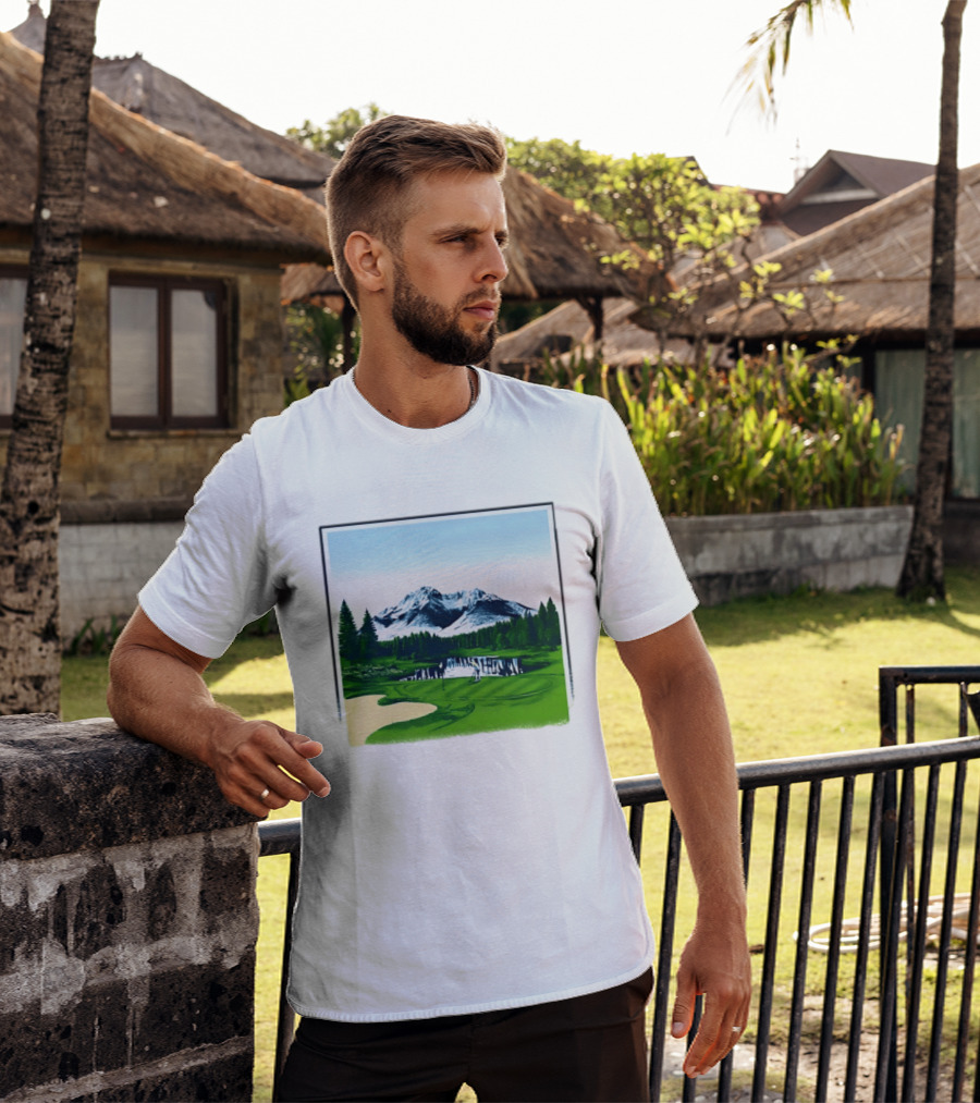 Golf Course Mountain Landscape Scenic Nature Forest Greenery Snowcapped Peaks T-Shirt