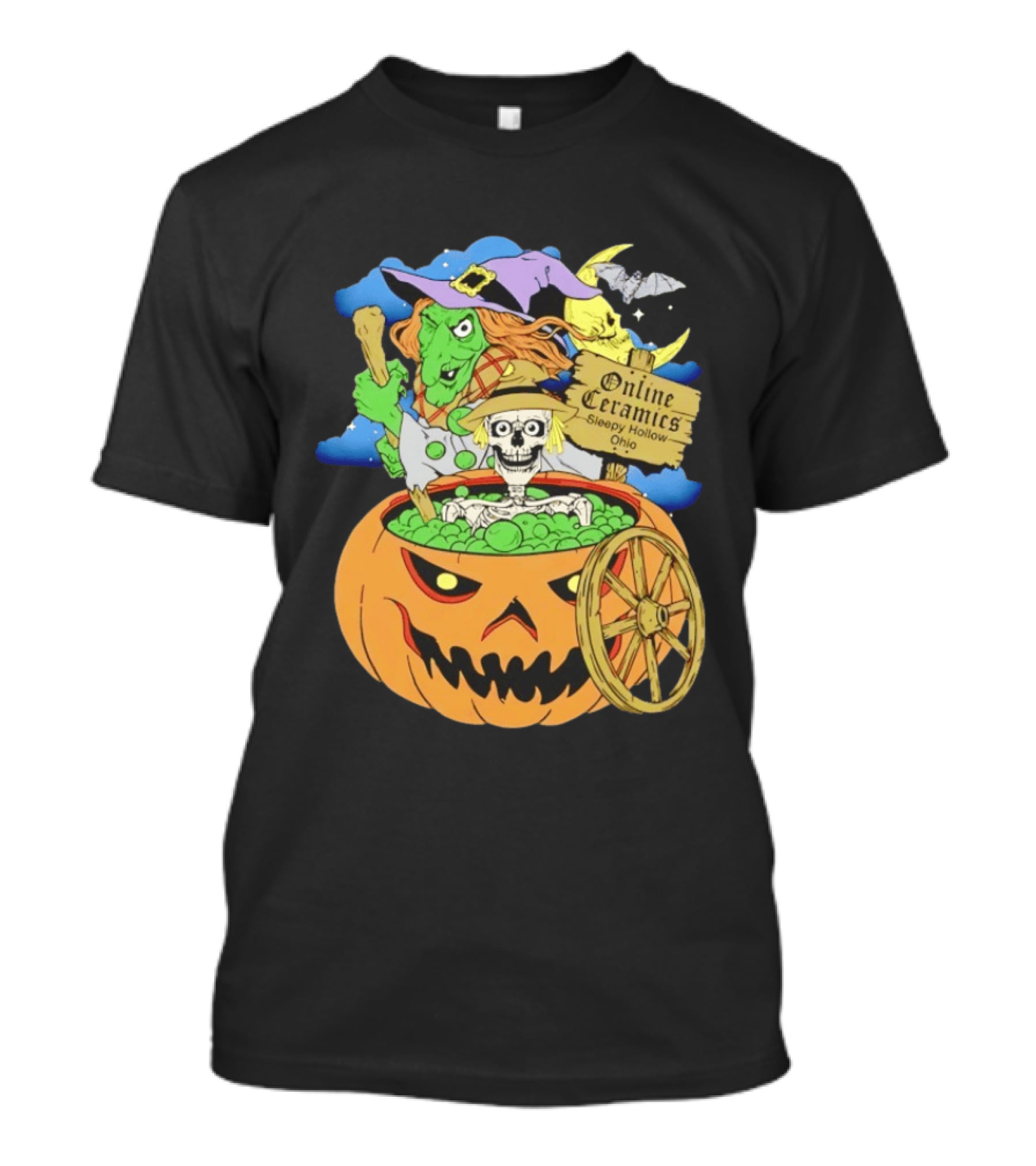 Online Ceramics Sleepy Hollow Ohio Witch Skeleton Pumpkin Cauldron Scene T-Shirt