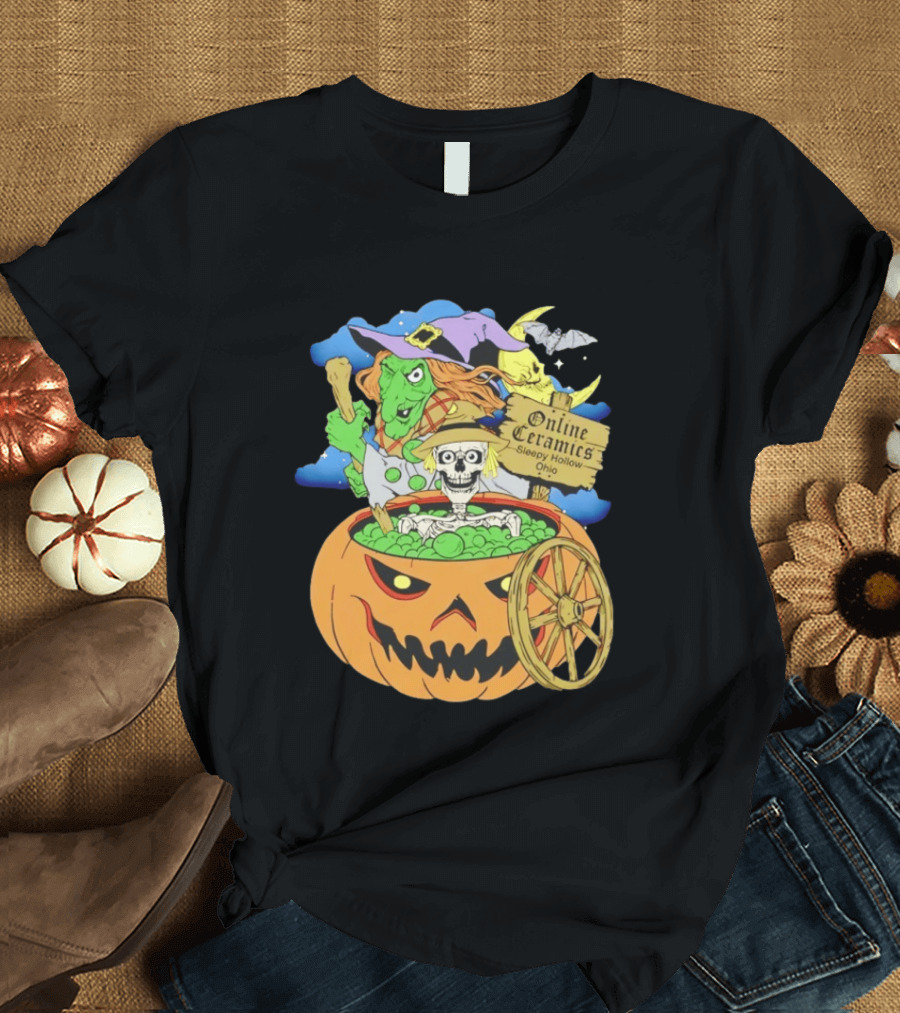 Online Ceramics Sleepy Hollow Ohio Witch Skeleton Pumpkin Cauldron Scene T-Shirt