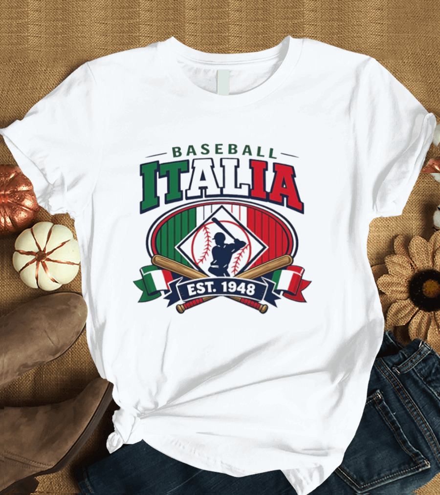 Italia Baseball Heritage Est 1948 Italy Flag Colors and Batting T-Shirt