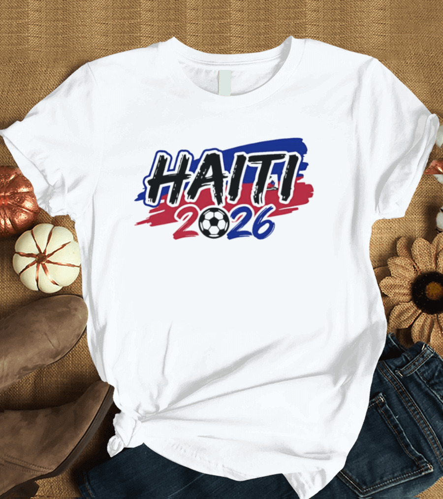 Haiti 2026 Soccer Emblem With Red And Blue Brush Strokes T-Shirt