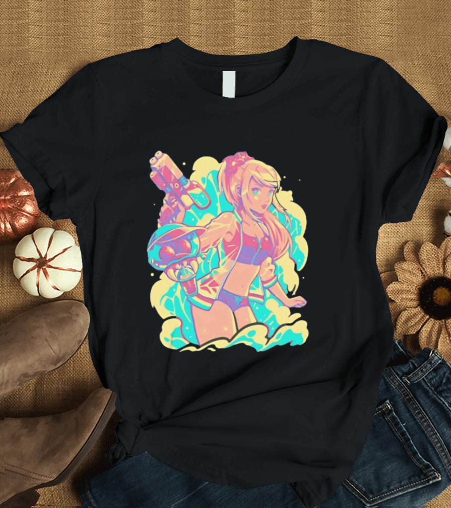 Metroid Water Games Neon Anime Girl With Water Gun And Floating Creature T-Shirt