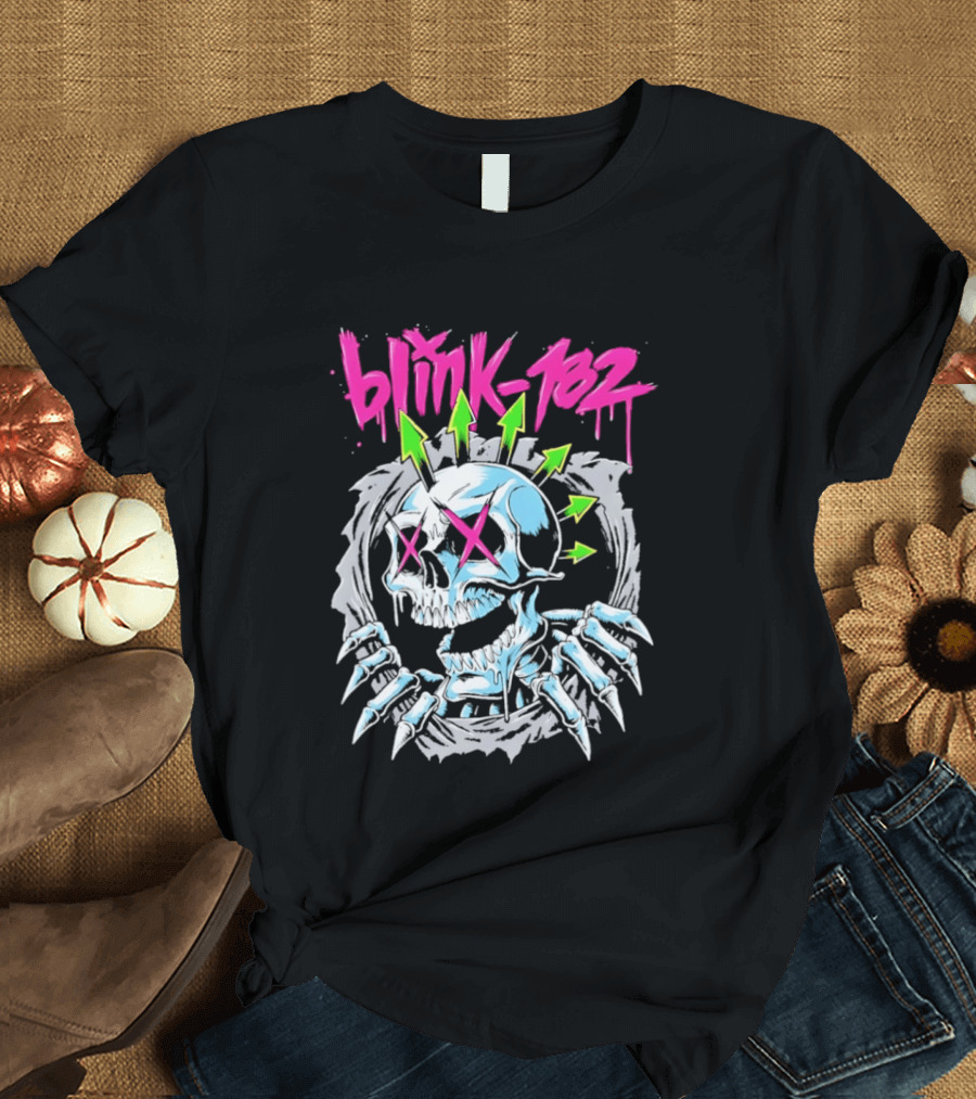 Blink 182 Pink Script With Neon Green Arrows And Punk Skull T-Shirt