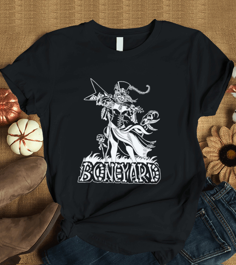 Boneyard Rocker Skeleton Woman Flying V Guitar T-Shirt