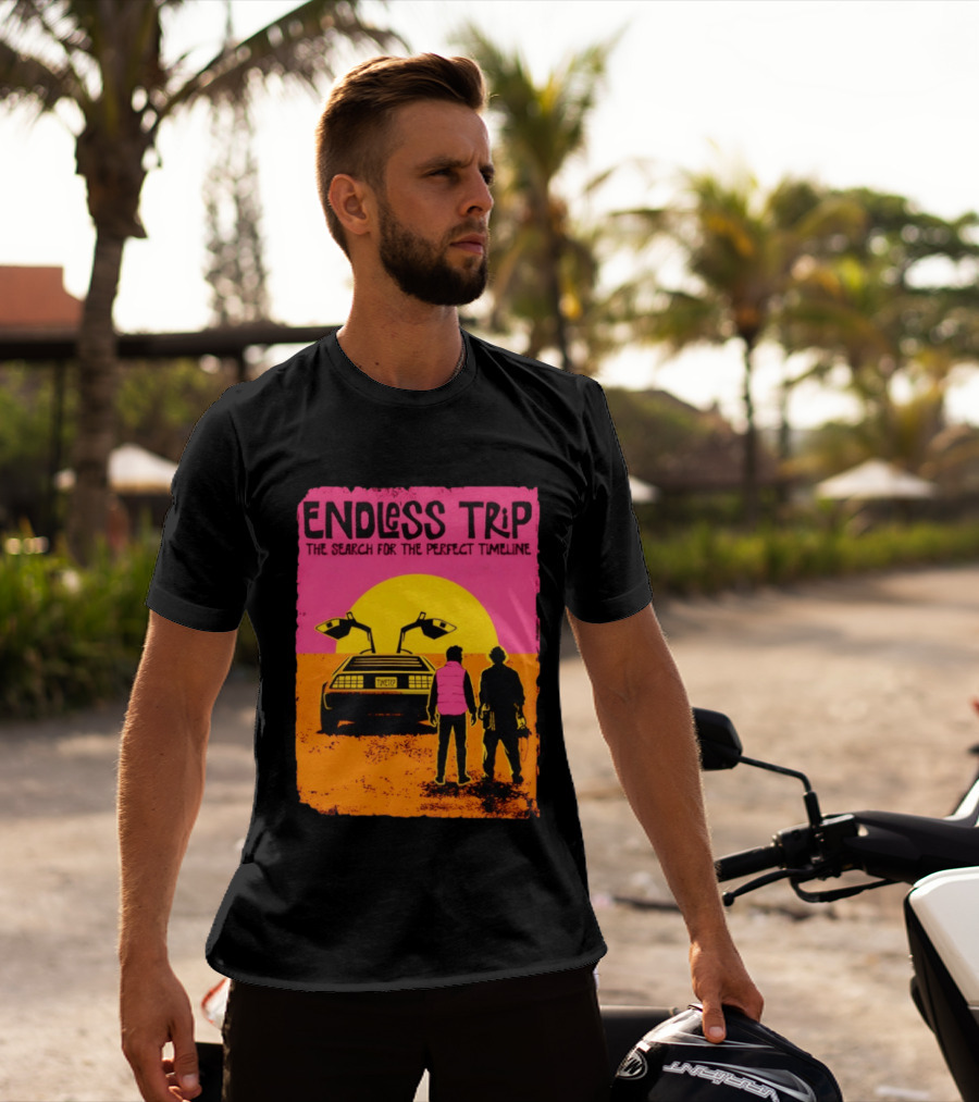 Endless Trip The Search For The Perfect Timeline Back To The Future Sunset Retro Car Journey T-Shirt