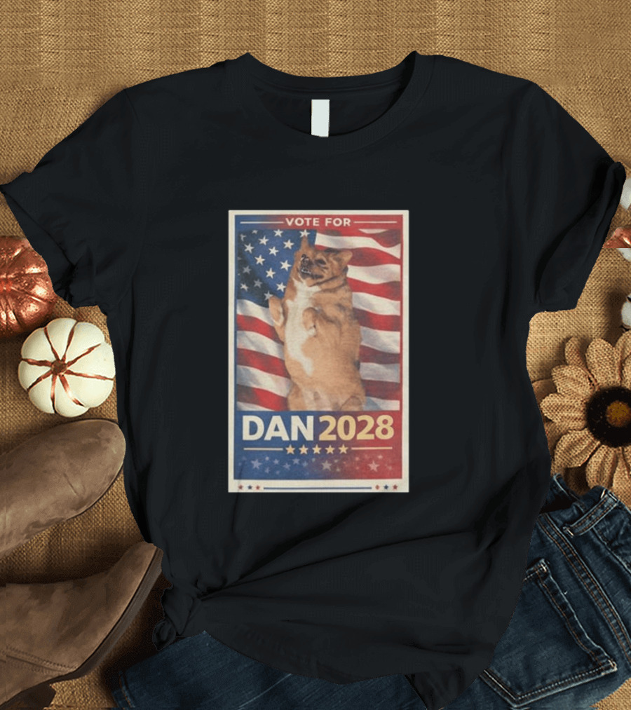 Vote For Dan 2028 American Flag Dog Stars Stripes T-Shirt