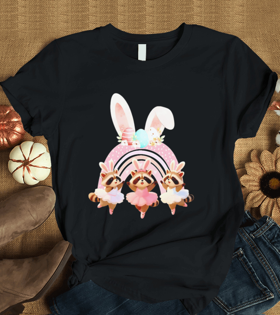 Ballet Dancer Ballerina Raccoons With Easter Bunny Ears And Eggs T-Shirt
