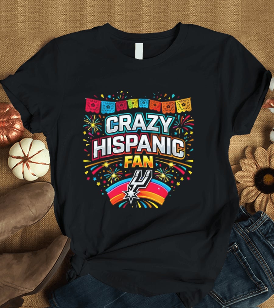 Crazy Hispanic Fan Spurs Colorful Festive Banner With Fireworks T-Shirt