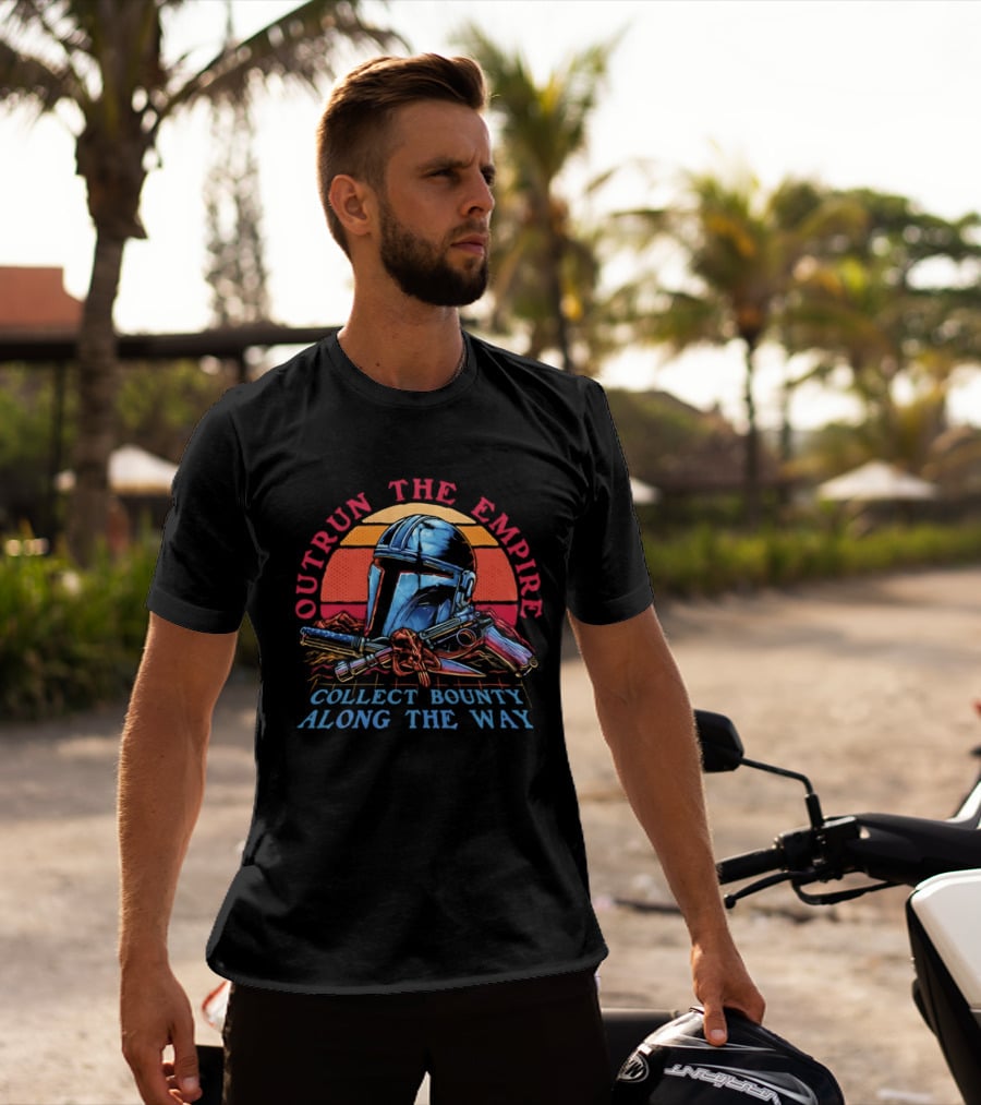 Outrun The Empire Collect Bounty Along The Way Din Djarin Helmet And Blasters T-Shirt