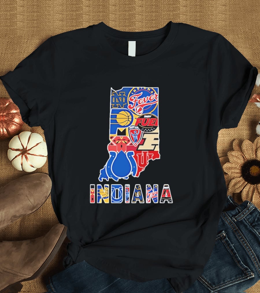 Indiana Sports Team Logos Map Featuring Colts Pacers Fever Hoosiers Fighting Irish Fuel T-Shirt