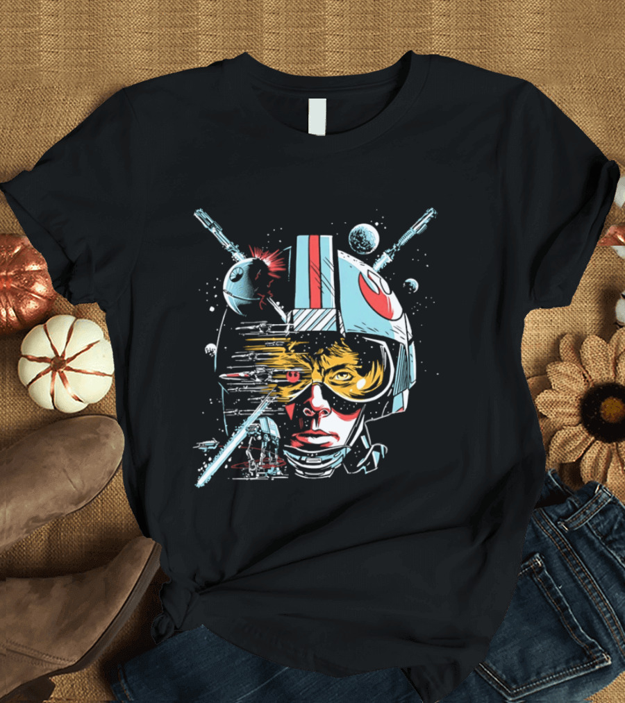 Luke Skywalker Helmet With Blaster And Planets T-Shirt
