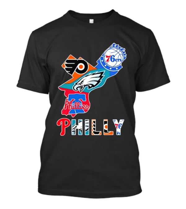 Philadelphia Flyers 76ers Eagles Phillies PHILLY Sports Logos State Map T-Shirt
