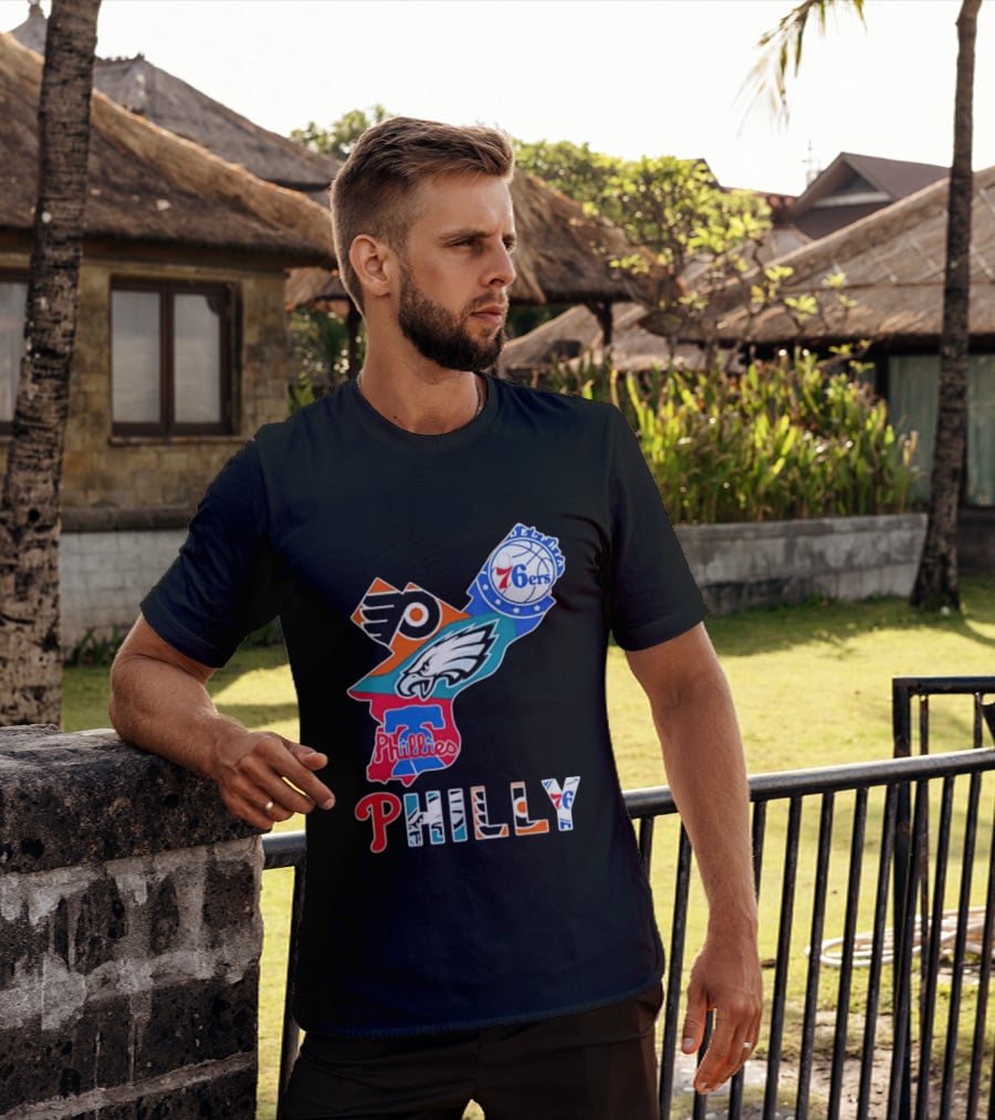 Philadelphia Flyers 76ers Eagles Phillies PHILLY Sports Logos State Map T-Shirt