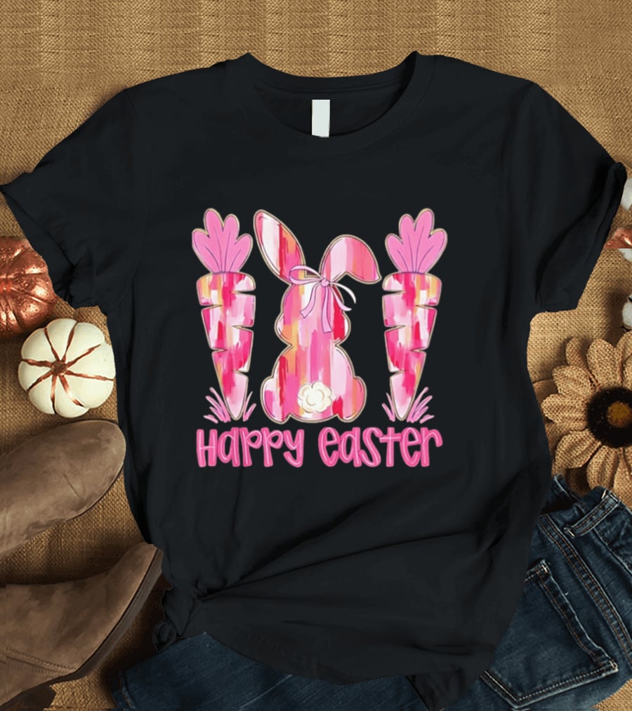 Pink Brushstroke Bunny Carrot Happy Easter T-Shirt