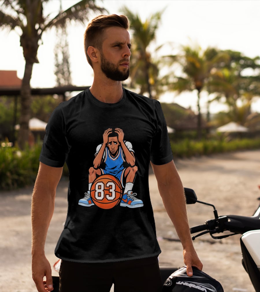 Basketball Player Caricature 83 Sitting Blue Orange Jersey Sneakers T-Shirt