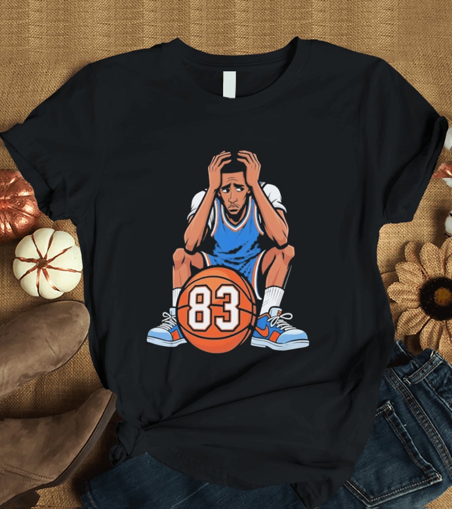Basketball Player Caricature 83 Sitting Blue Orange Jersey Sneakers T-Shirt