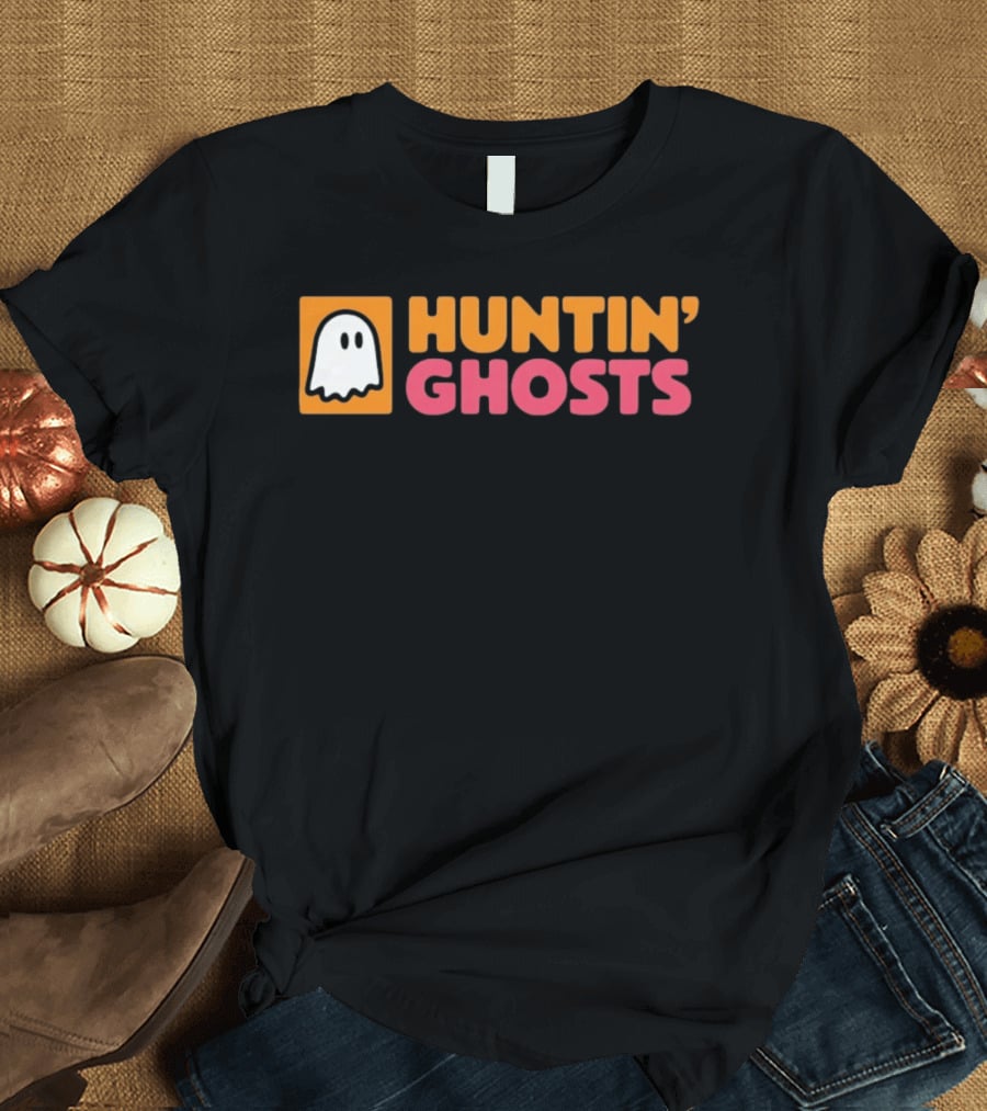Huntin' Ghosts Halloween White Ghost Icon On Orange T-Shirt