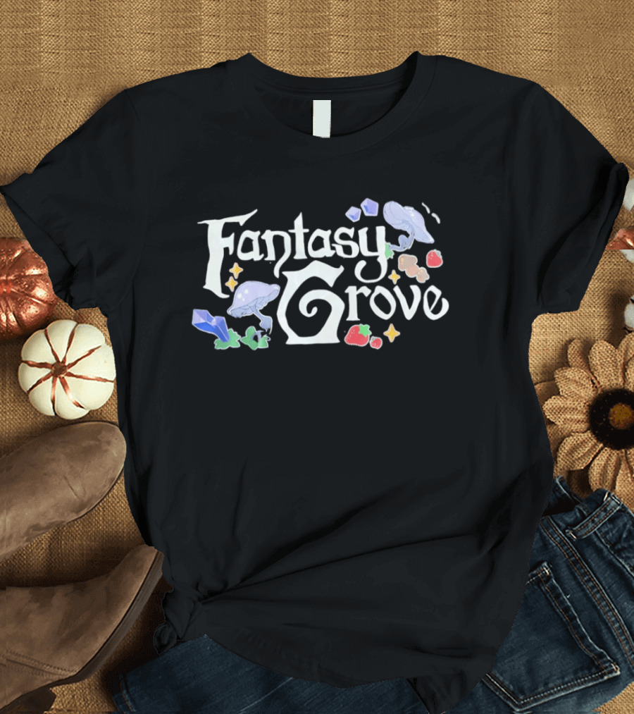 Fantasy Grove Mushrooms Strawberries Gems Whimsical Nature Magic T-Shirt