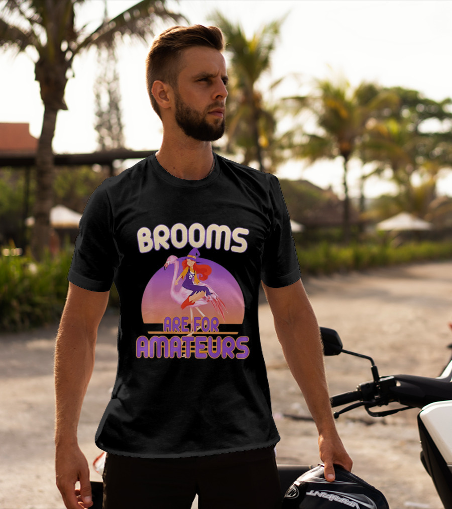 Brooms Are For Amateurs Witch Riding Flamingo T-Shirt