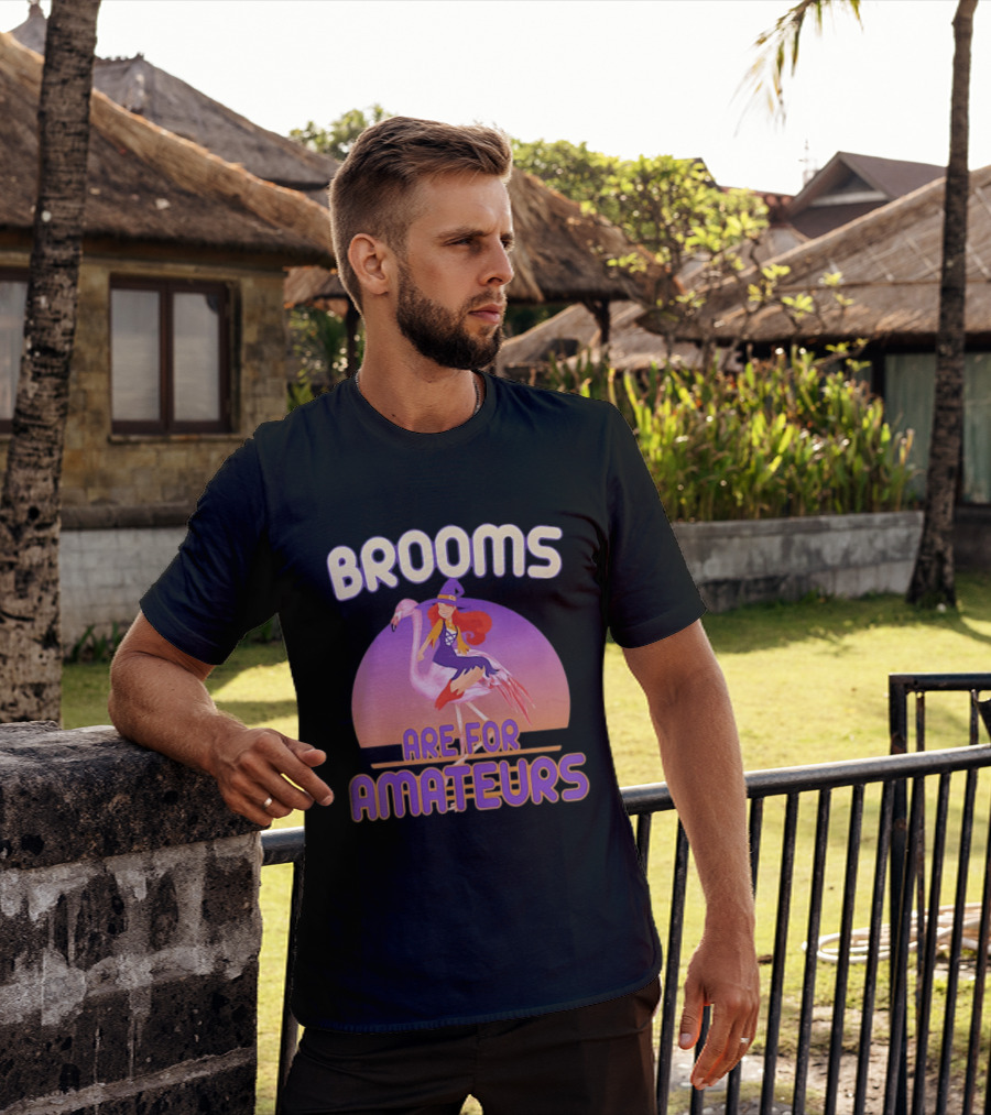 Brooms Are For Amateurs Witch Riding Flamingo T-Shirt