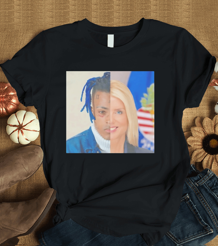 XXXTentacion Pam Bondi Split Image Face Half Blue Dreads Tattoos American Flag T-Shirt