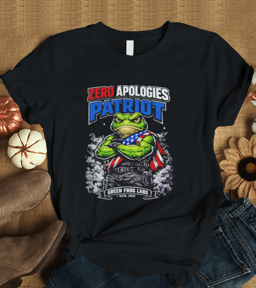 Zero Apologies Patriot Green Frog Labs Estd 2025 American Flag Frog T-Shirt