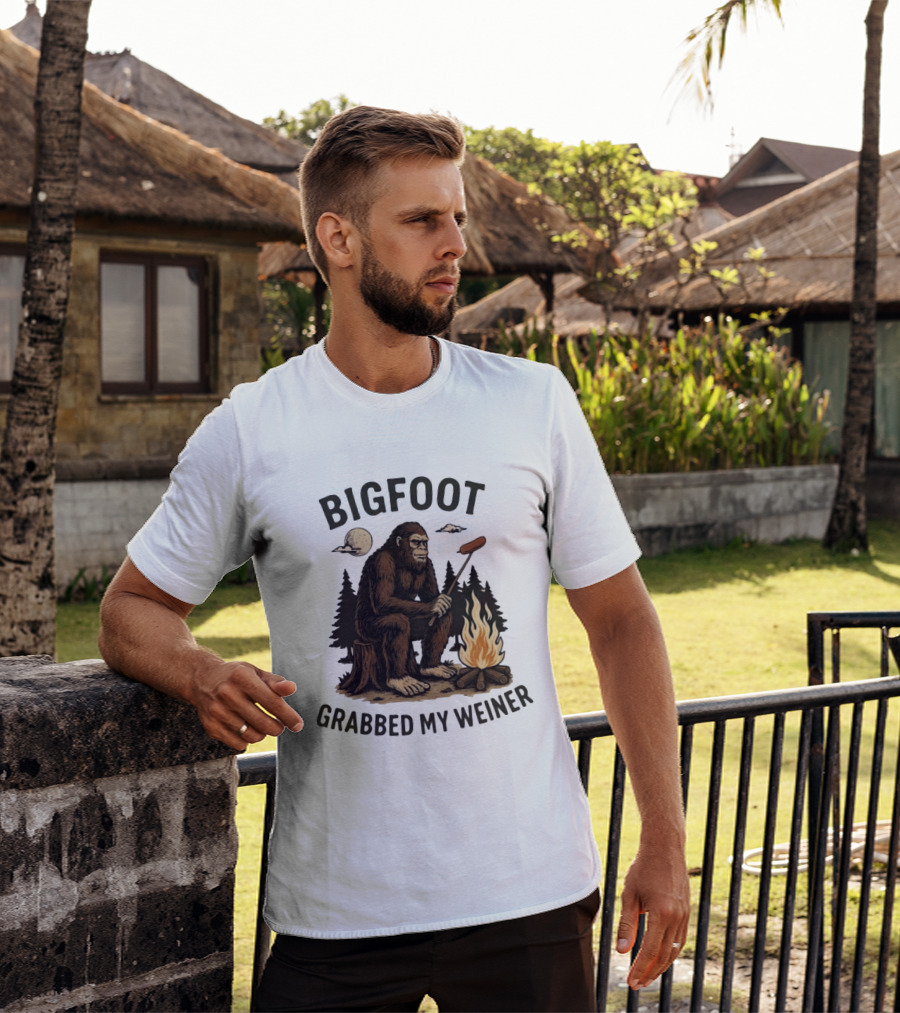 Bigfoot Grabbing My Weiner Campfire Sausage Grilling Moonlit Forest T-Shirt