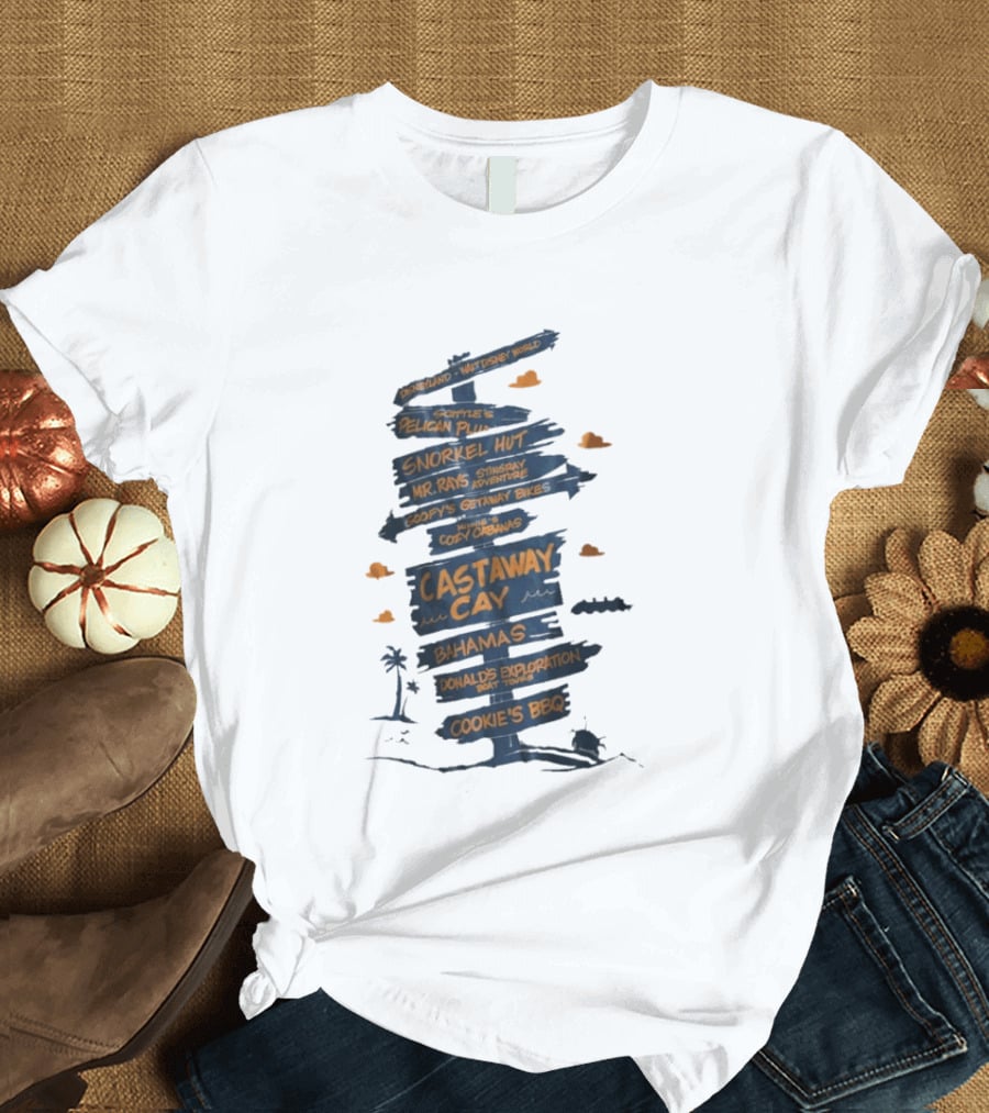 Castaway Cay Bahamas Adventure Signpost Donald's Boat Tours Cookie's BBQ T-Shirt