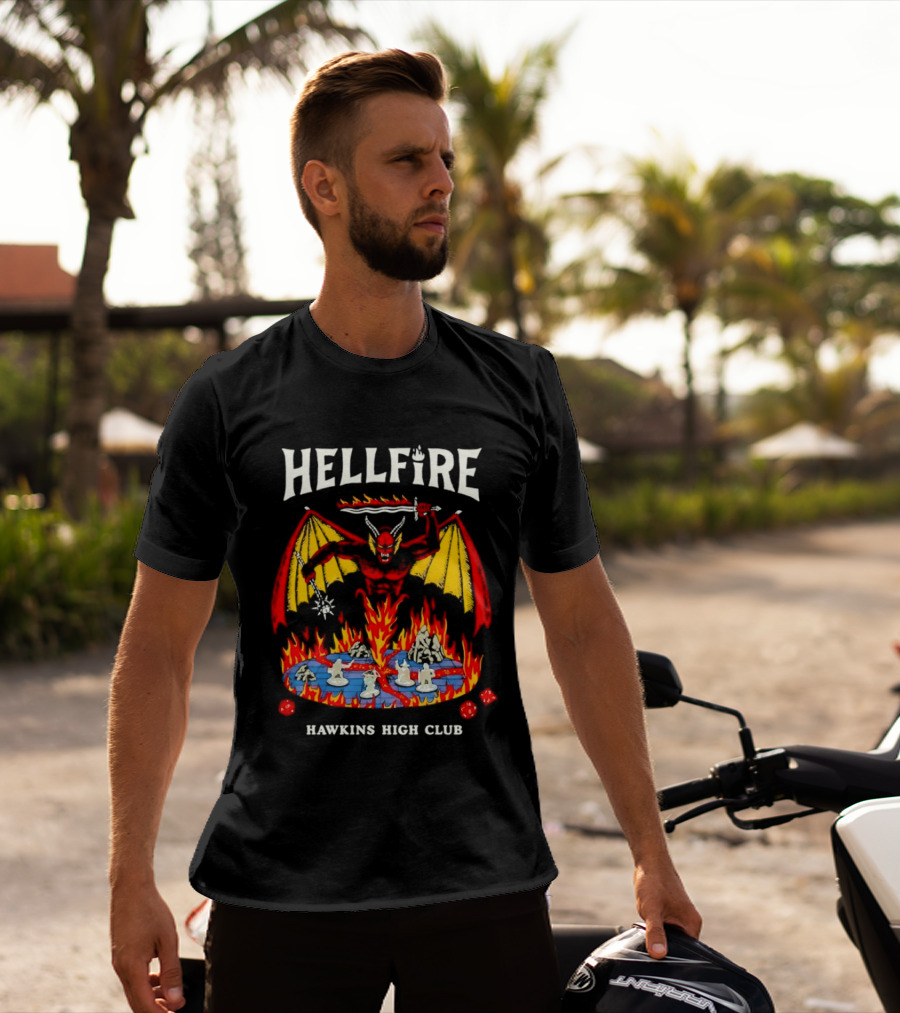 Hellfire Hawkins High Club Demon With Flames And Dice T-Shirt
