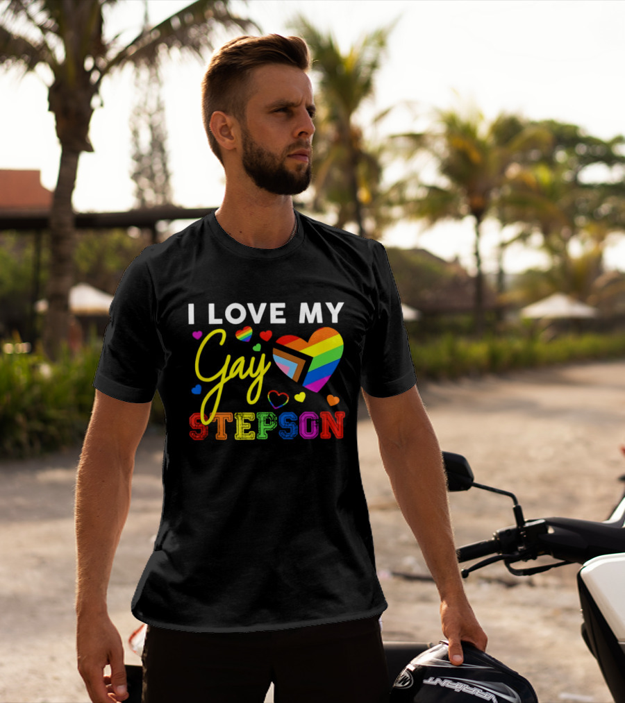 I Love My Gay Stepson LGBT Pride Rainbow Heart T-Shirt