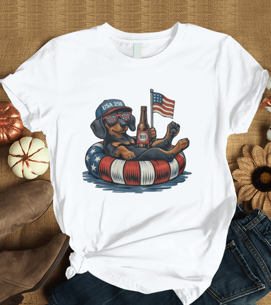 USA 250 Dachshund Floating With American Flag And Beer T-Shirt