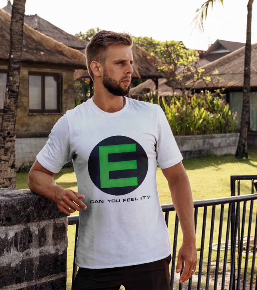 E Can You Feel It Green Block Letter T-Shirt