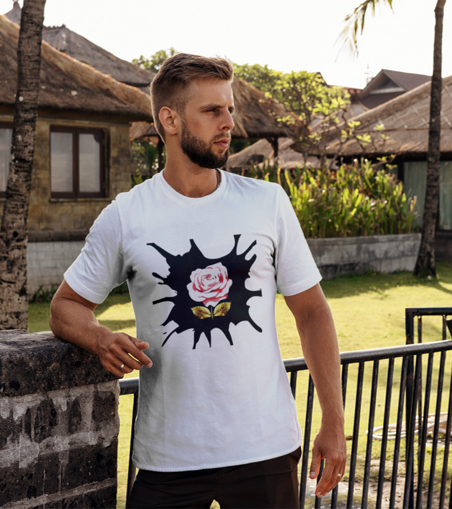 Elegant Pink Flower On Dark Splatter With Golden Leaves T-Shirt