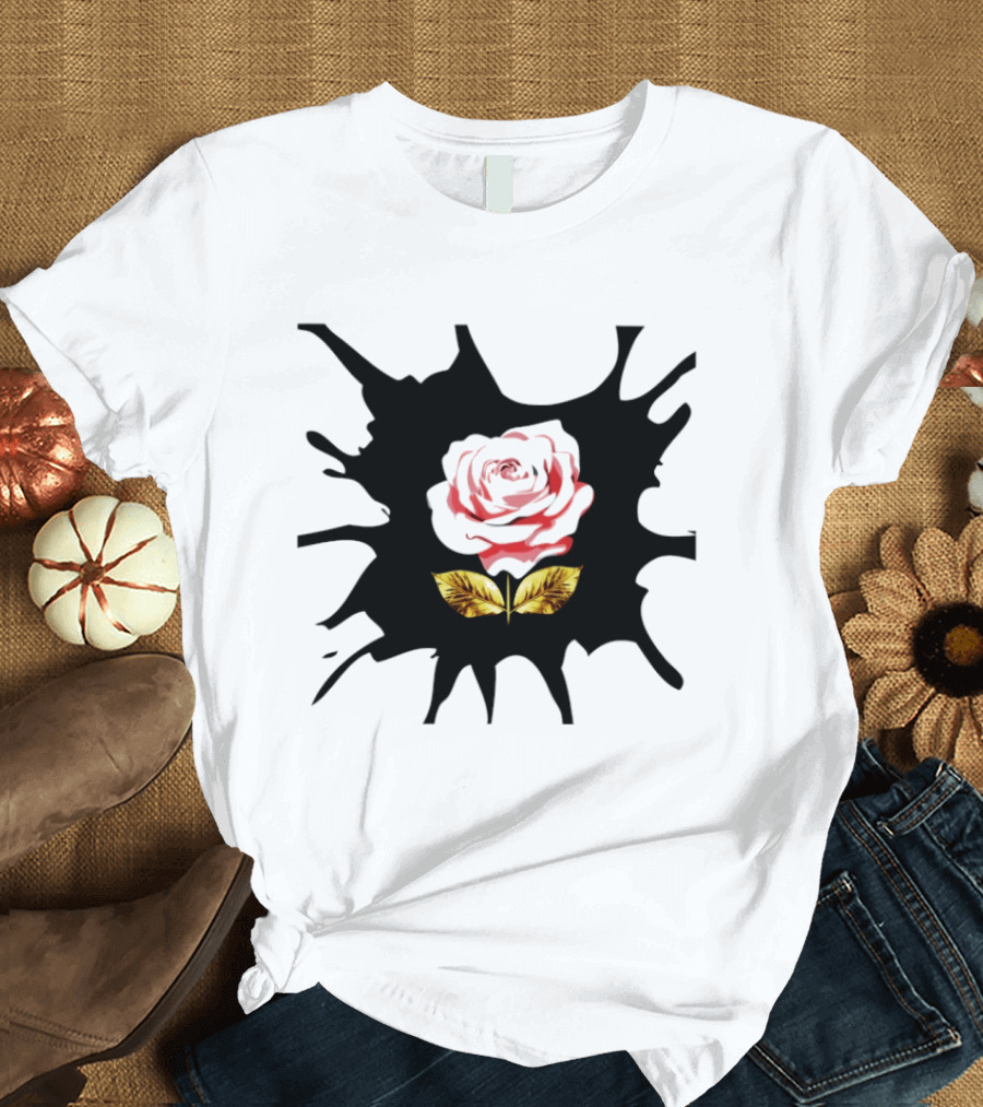 Elegant Pink Flower On Dark Splatter With Golden Leaves T-Shirt