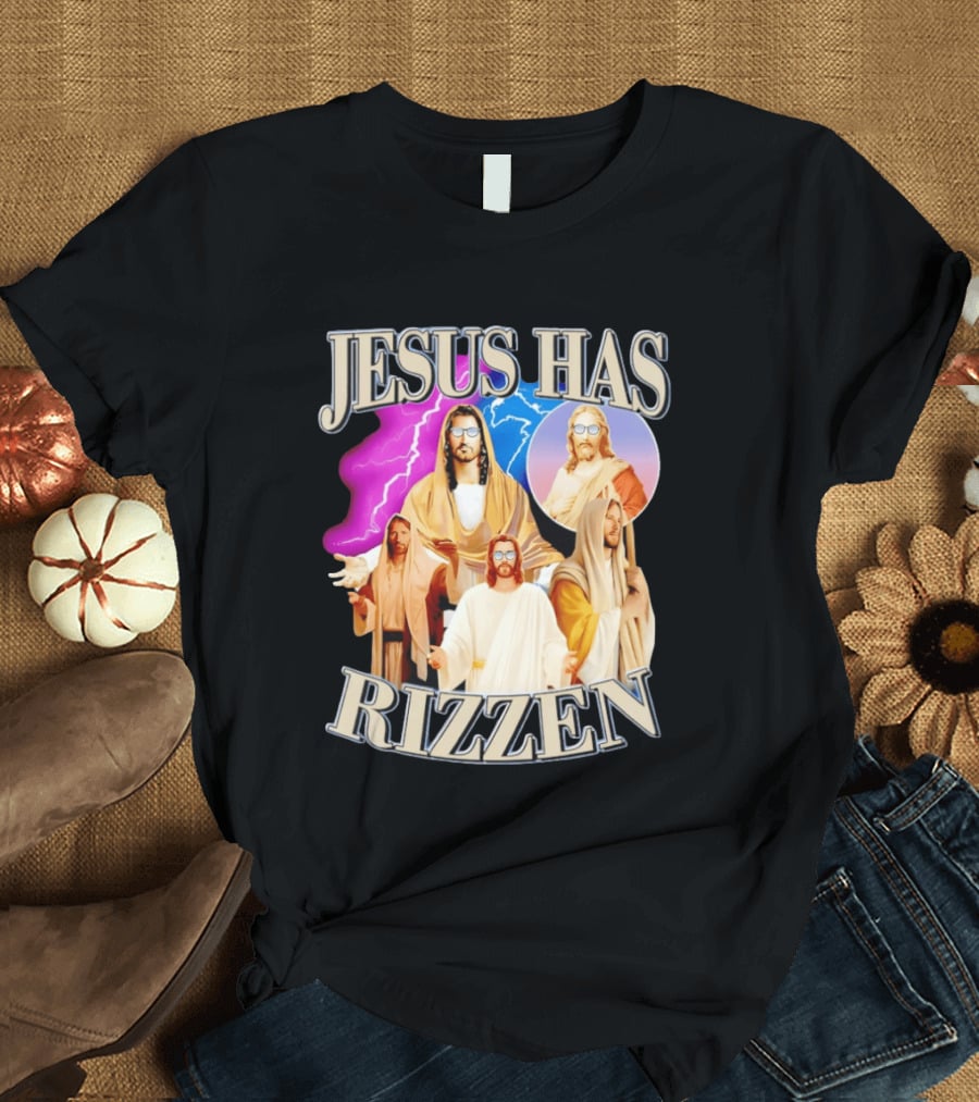 Jesus Has Rizz'en Meme Humor Lightning Vibes Sunglasses T-Shirt