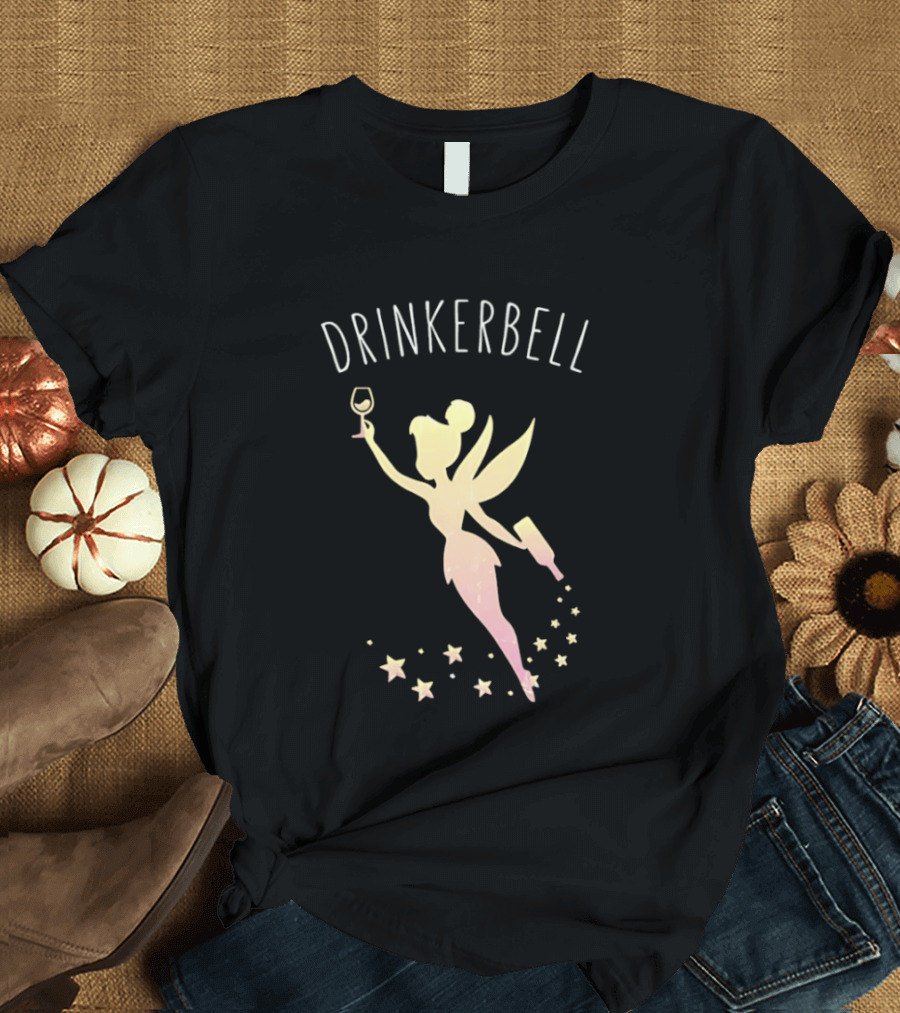 DRINKERBELL Fairy Holding Wine Glass And Bottle With Star Magic T-Shirt