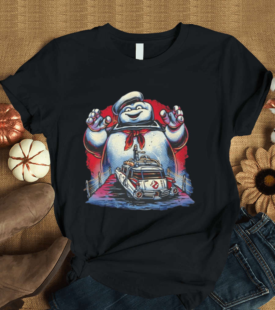 Ghostbusters Ecto 1 Meets Stay Puft Marshmallow Man Iconic Movie Scene T-Shirt
