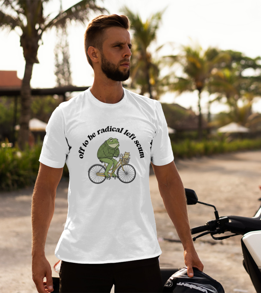 Off To Be Radical Left Scum Frog And Cat On Bicycle T-Shirt