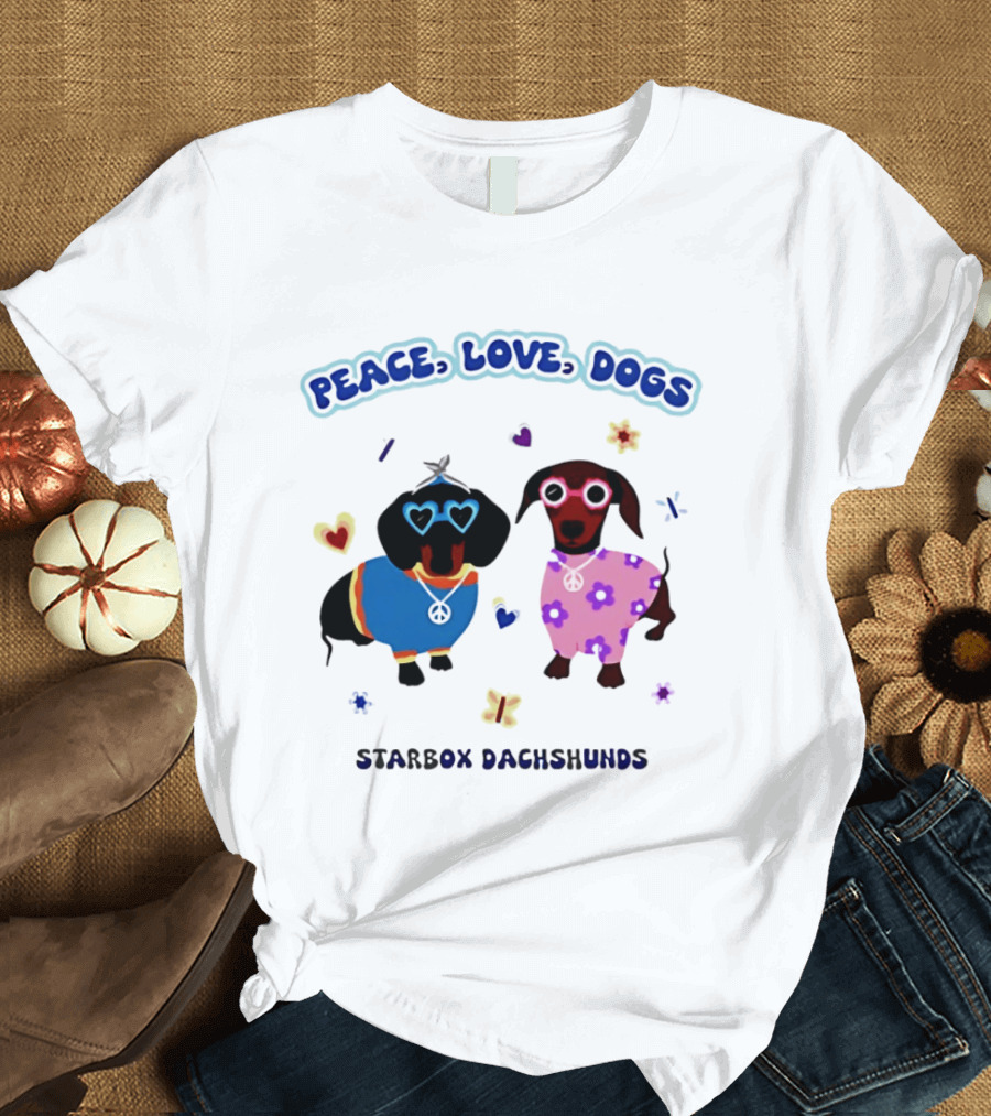 Peace Love Dogs Starbox Dachshunds Heart Glasses Flower Outfits T-Shirt