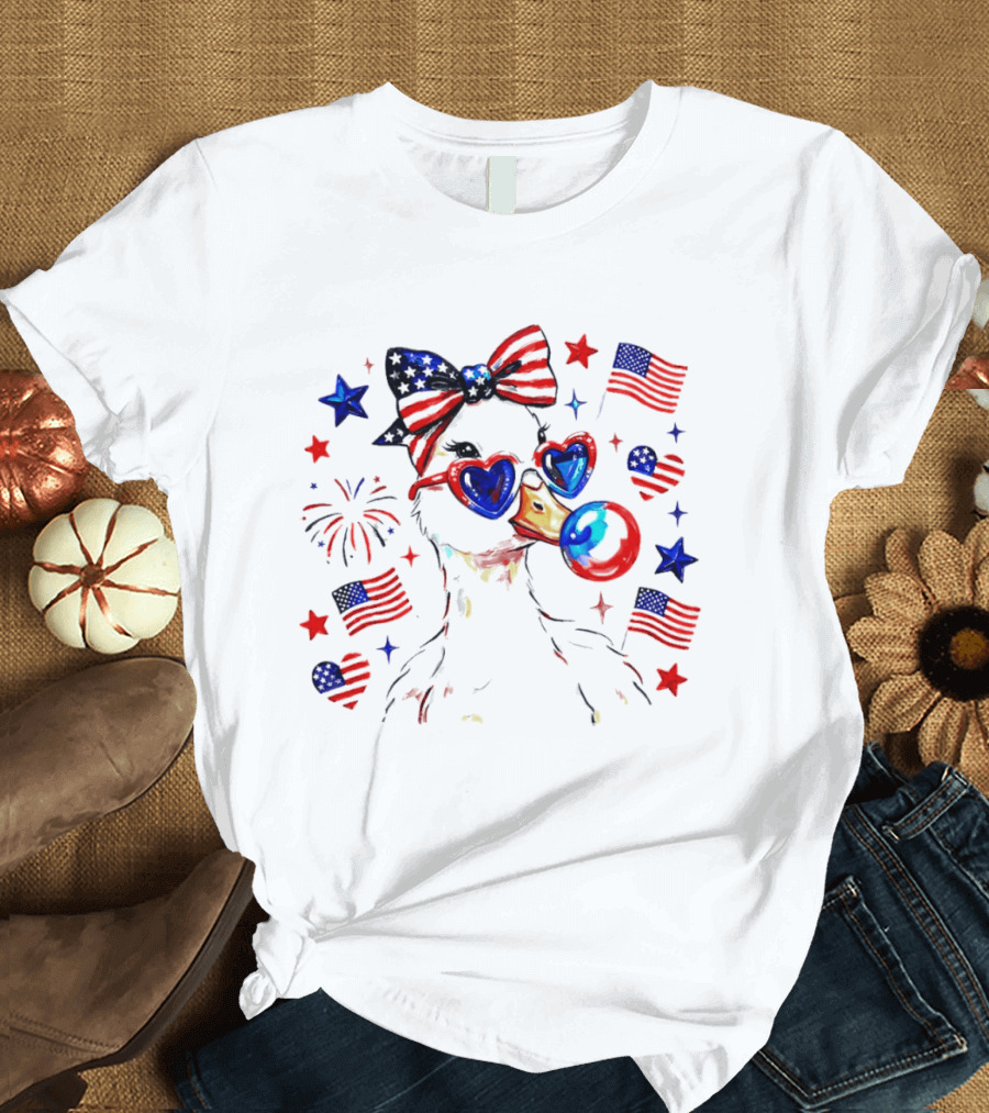 Preppy Patriotic Goose Coquette Fourth Of July With Stars And Stripes Sunglasses And Bow Tie T-Shirt