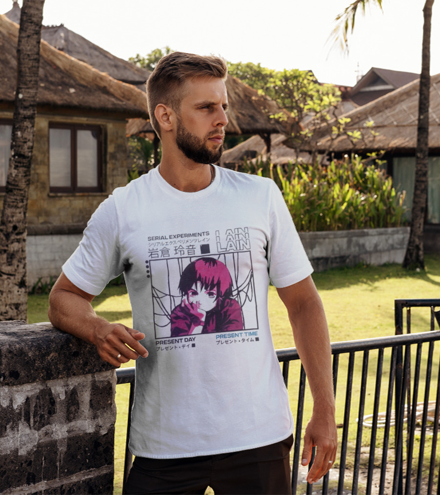 Serial Experiments Lain Present Day Present Time Japanese Text Retro Aesthetic T-Shirt